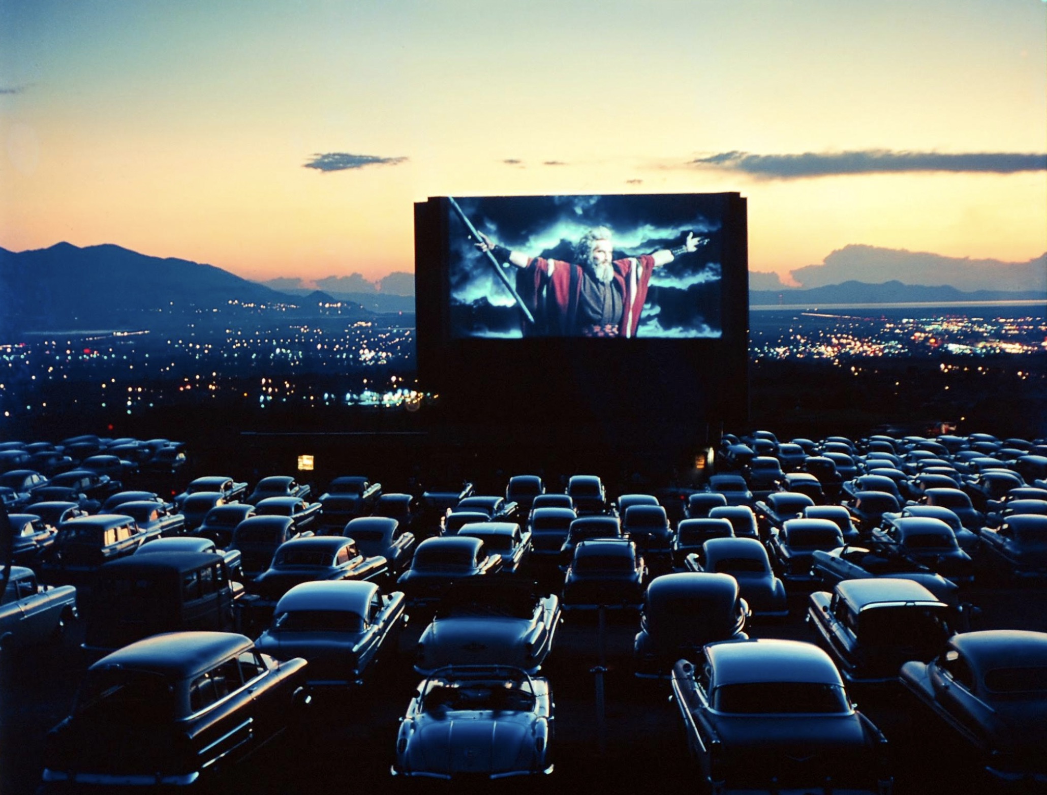 A drive-in theater full of cars, Salt Lake City, Utah, 1958 